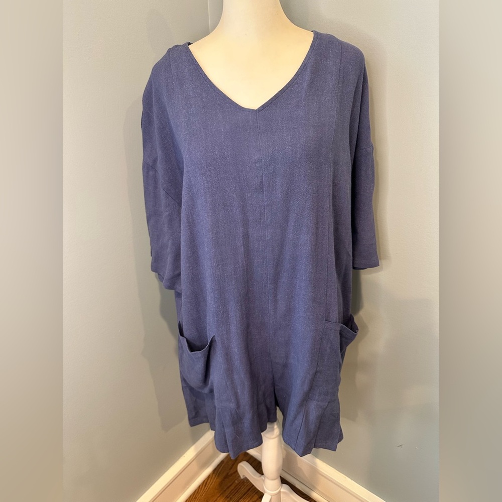 Blue Linen V-Neck Romper